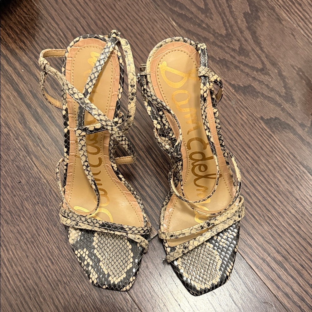 Sam Edelman Beige and Black Snake-Print Strappy Heels